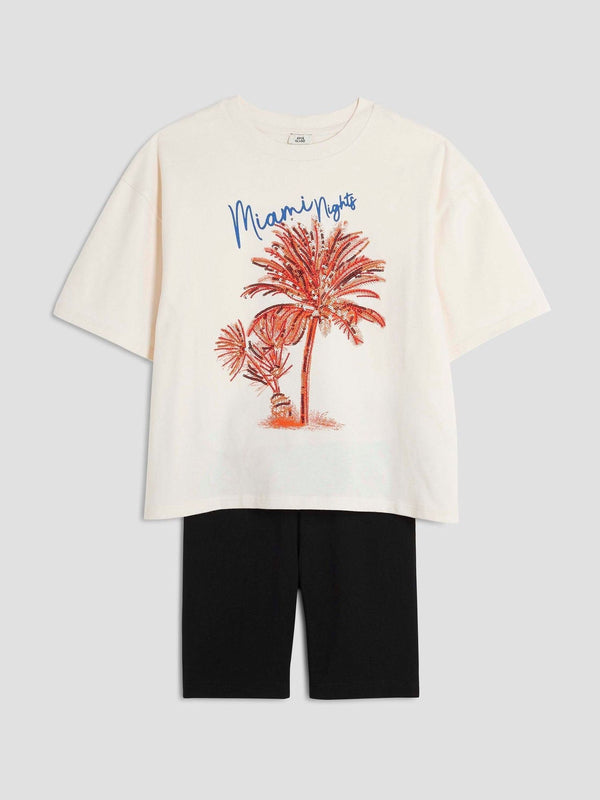 River Island Cream Girls 100% Cotton Palm Tree T-shirt &short set