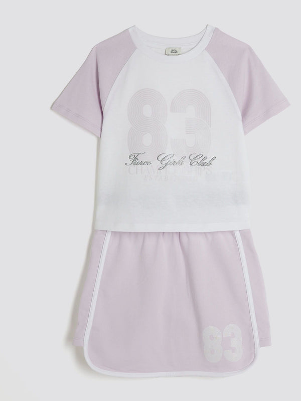 River Island Purple 100% Cotton Crop T-Shirt and Runner Skirt Set