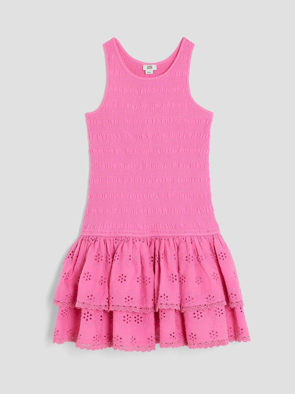 River Island Pink Girls Shirred Broderie Rara 100% Cotton Dress