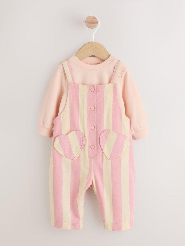 Cream/ Pink Stripe Baby Dungarees and Bodysuit Set 2 Piece (0mths-3yrs)