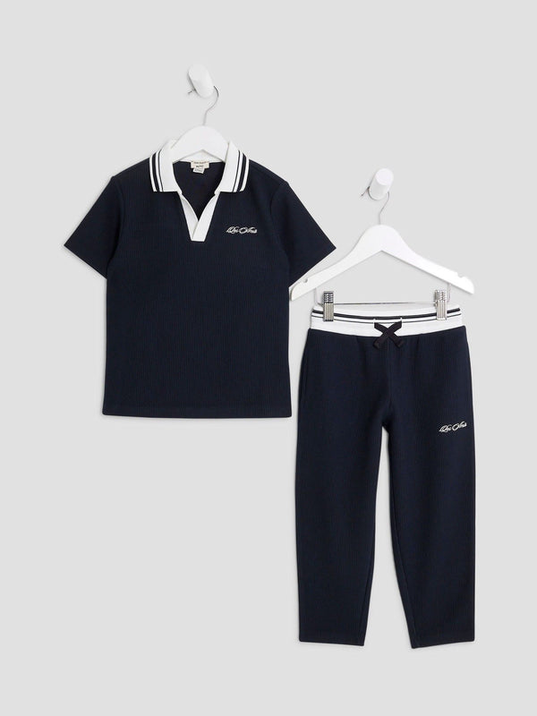 River Island Blue Boys Textured Polo Top & Jogger set