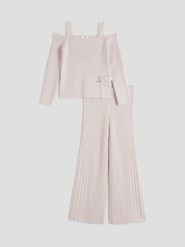 River Island Natural Girls Cable Cold Shoulder Top Jogger Set