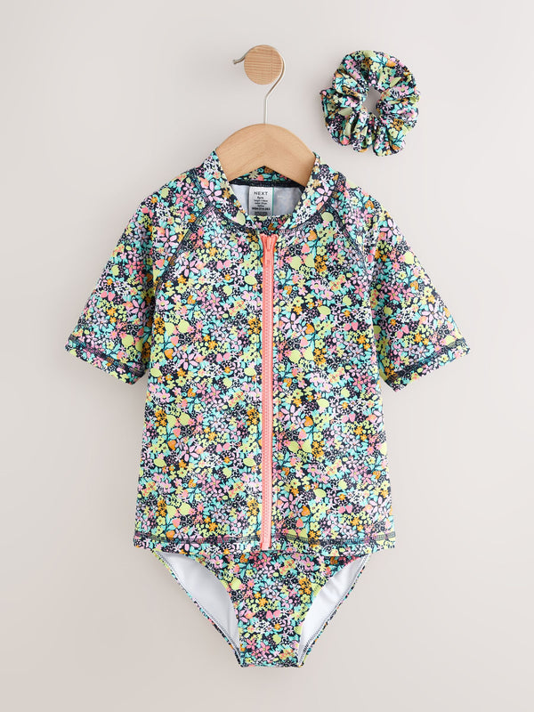Black Ditsy Floral Sunsafe Rash Vest Bikini And Scrunchie Swim Set (3-16yrs)