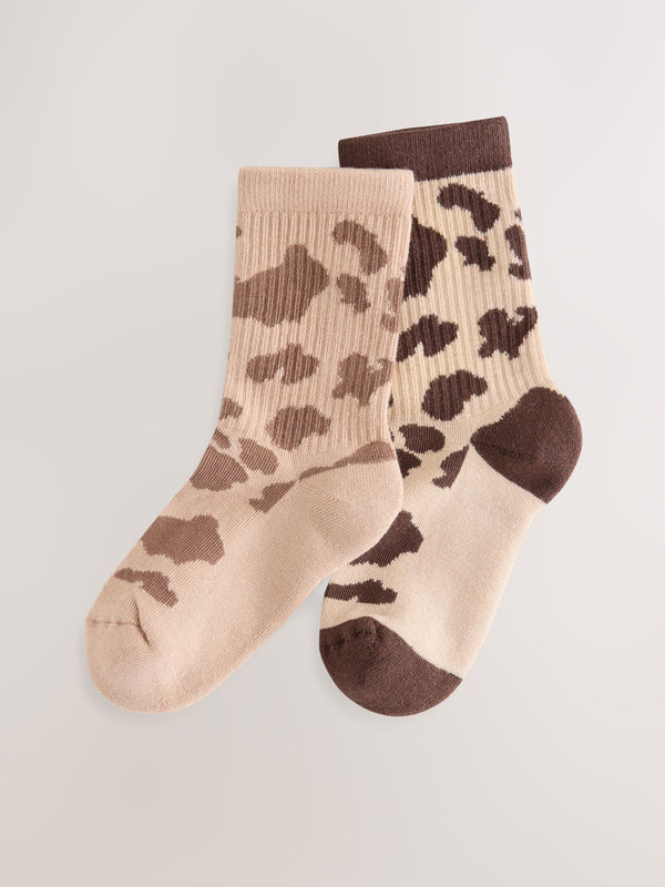Brown/Cream 2 Pack Cotton Rich Animal Print Cushioned Sole Ankle Socks
