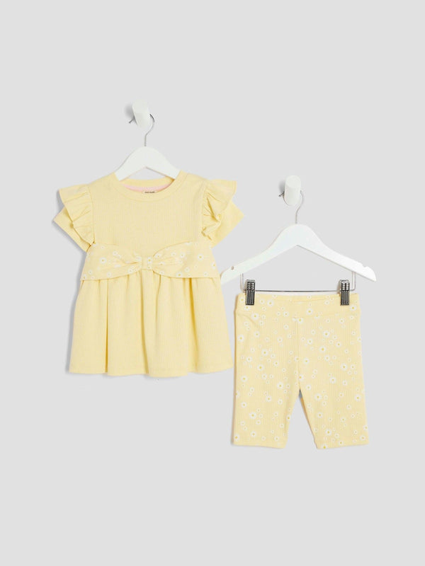 River Island Yellow Heart Bow Rib Top Set
