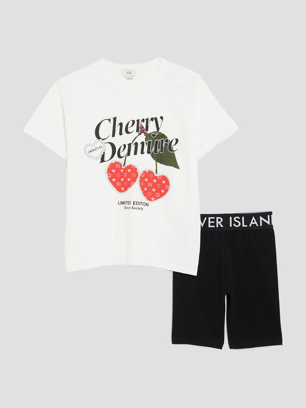 River Island White Cherry Demure T-Shirt and Cycle Shorts Set