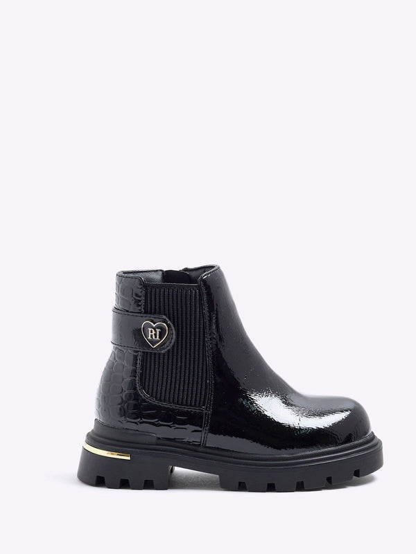 River Island Black Girls Patent Heart Print Strap Chelsea Boots