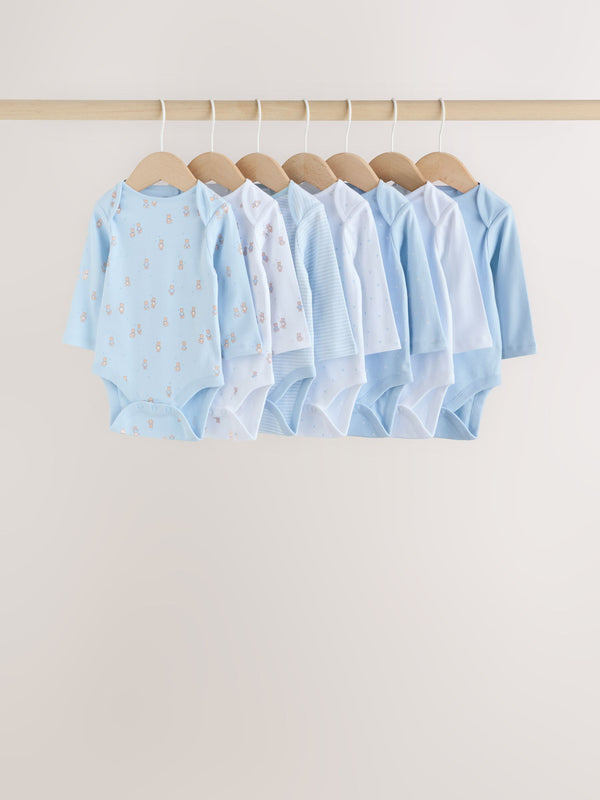 Blue 7 Pack Long Sleeved Baby Bear Bodysuit