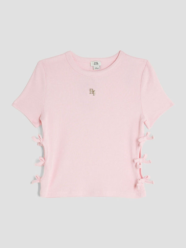 River Island Pink Girls 3D Bow Ribbed Top