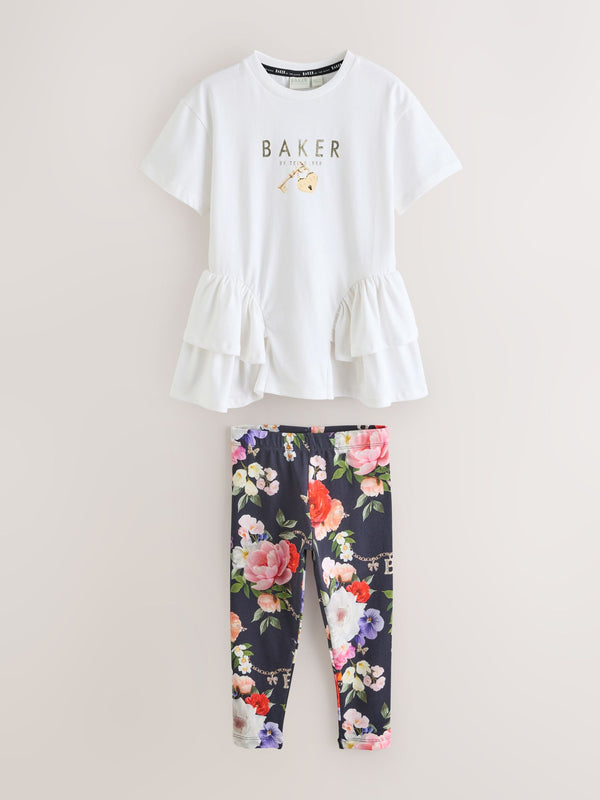 Baker by Ted Baker Navy 2 Piece Peplum Hem T-Shirt & Printed Leggings Set