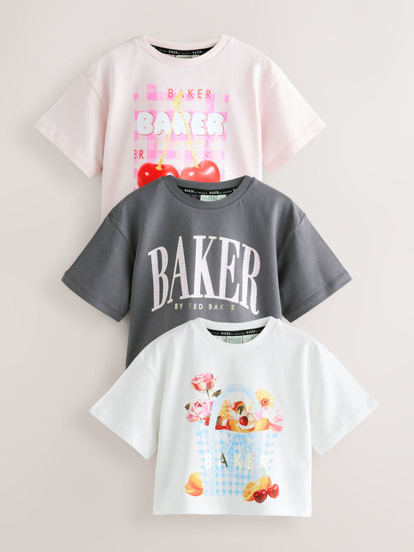 Baker by Ted Baker Pink & White 3 Pack Boxy Fit Graphic Printed T-Shirt