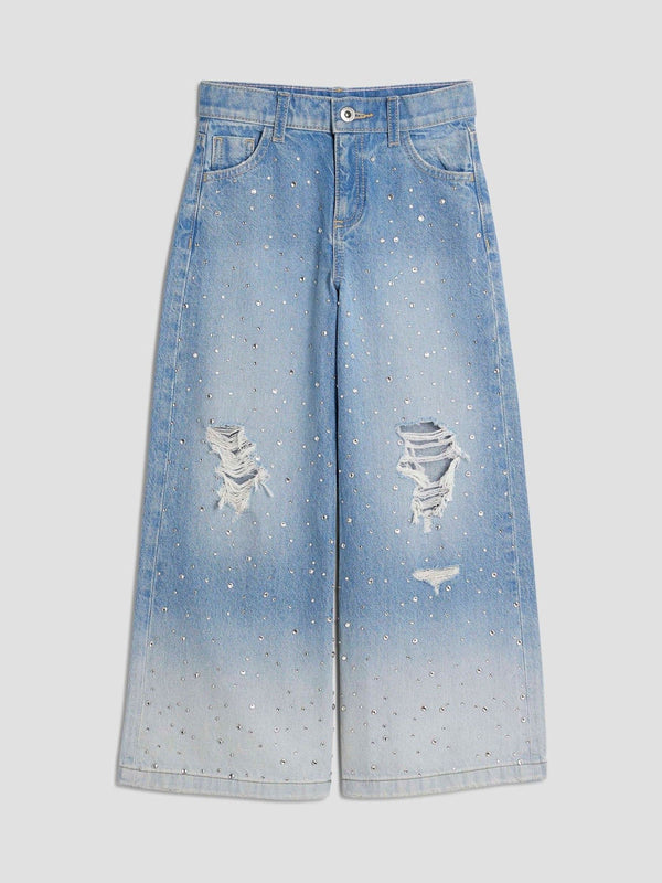 River Island Blue Girls Rip Diamante Ombre Wide Jeans