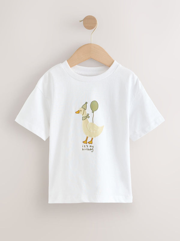 White Birthday Duck Short Sleeve Graphic Print T-Shirt (3mths-8yrs)