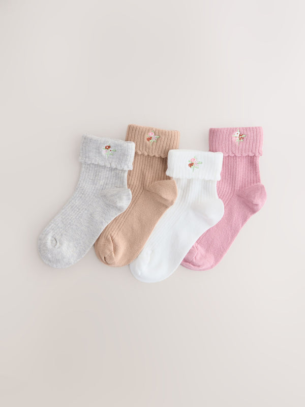 Pink, Grey and Cream Cotton Rich Embroidered Roll Top Ankle Socks 4 Pack