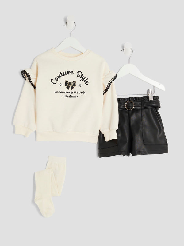 River Island Cream Girls Faux Leather Shorts Sweaters And Leggings Set 3 Pack