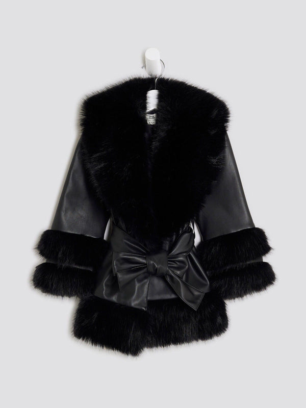 River Island Black Faux Leather Fur Wrap Coat