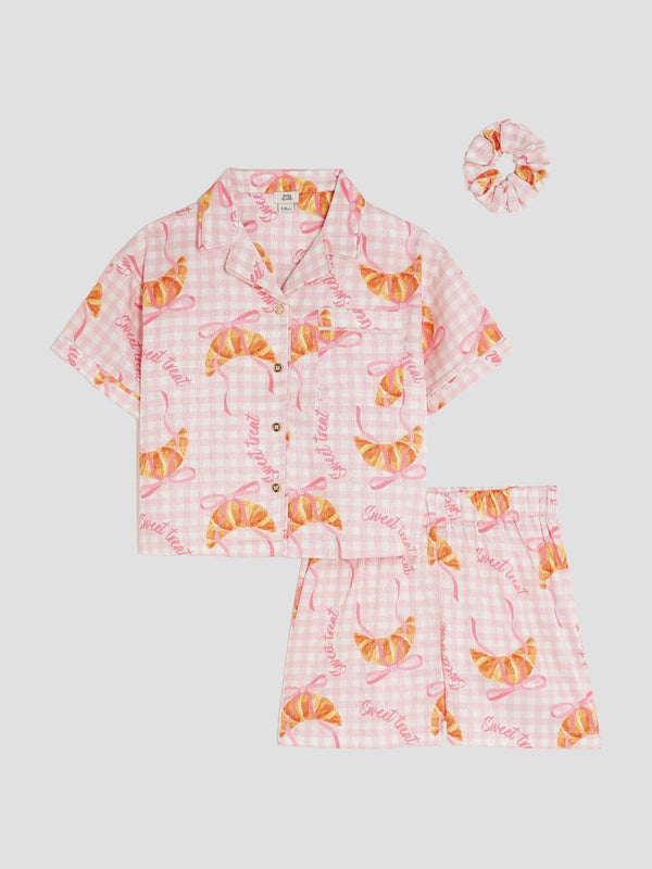 River Island Pink Girls Gingham Croissant Satin Pyjamas