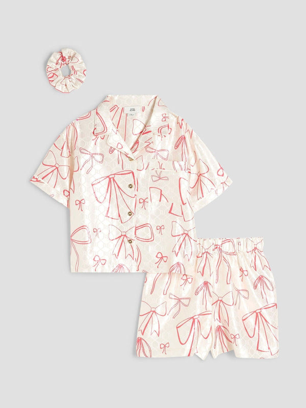 River Island Cream Girls Bow Satin Short Pyjamas