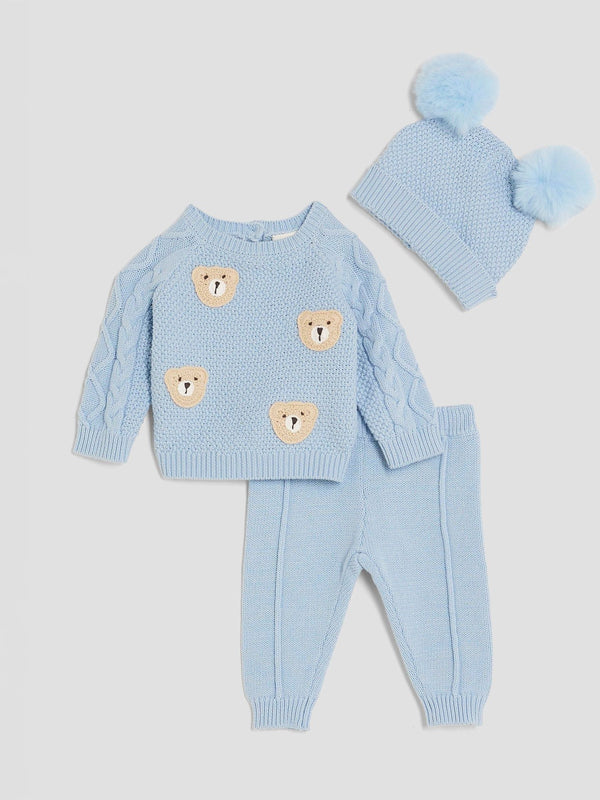 River Island Blue Baby Boys Bear Print Jumper Hat Set