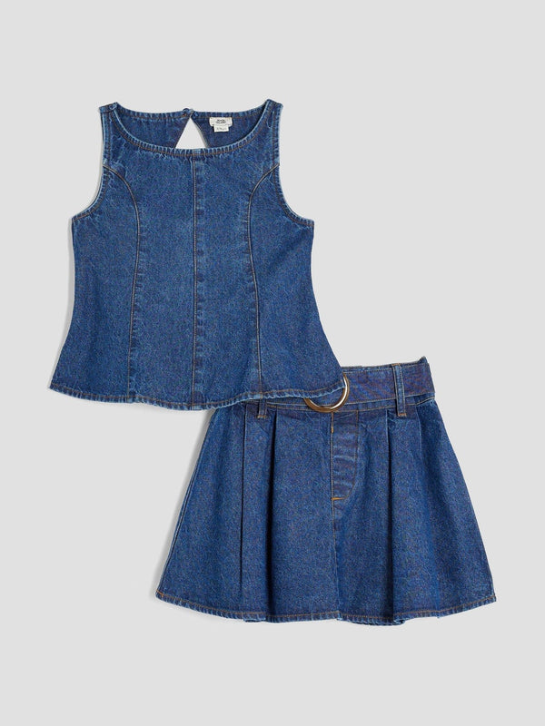 River Island Blue Girls Denim Peplum Top and Skirt Set