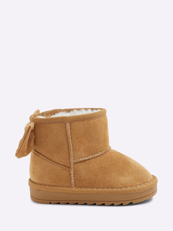 River Island Brown Girls Suedette Bow Fur Lined Boots