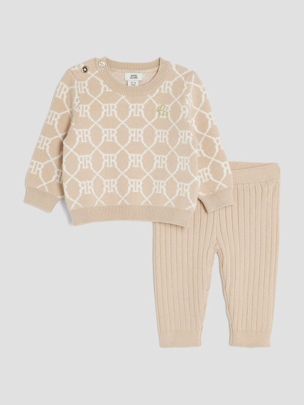 River Island Brown Baby Boys Monogram Knit Jumper Set