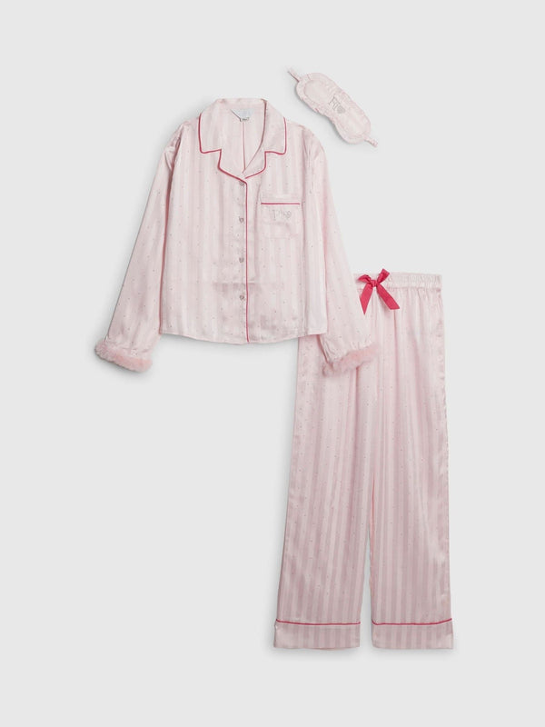 River Island Pink Girls Hotfix Fur Cuff Satin Pyjamas