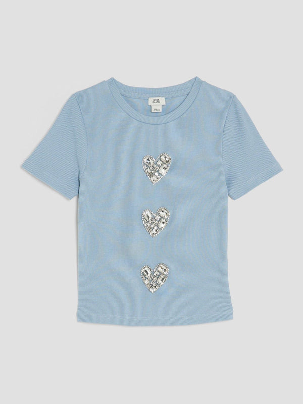 River Island Blue Girls Ribbed Heart T-Shirt