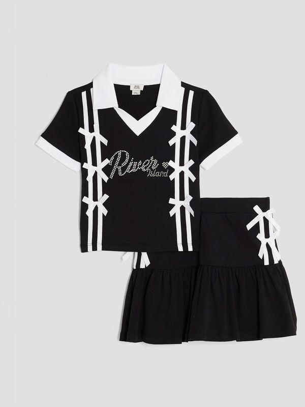 River Island Black Girls Bow Polo Shirt and Skirt Set