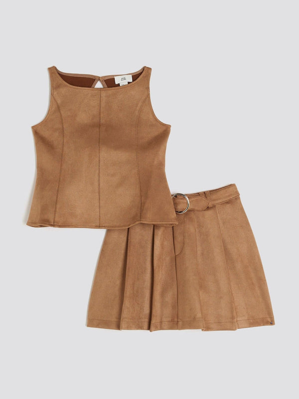 River Island Brown Girls Denim Peplum Top and Skirt Set