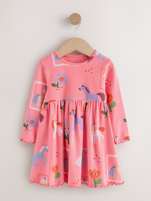 Pink Unicorn Long Sleeve Ribbed Dress (3mths-7yrs)