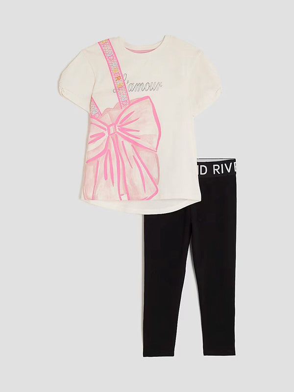River Island Cream Lamour Bow Bag T-Shirt & Leggings Set