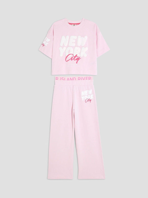 River Island Pink New York Graphic Crop T-Shirt & Wide Leg Joggers Set