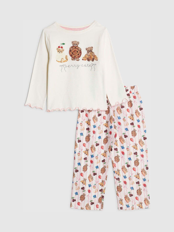 River Island Cream Beary Cute Long Sleeve Pyjama Top & Bottom Set