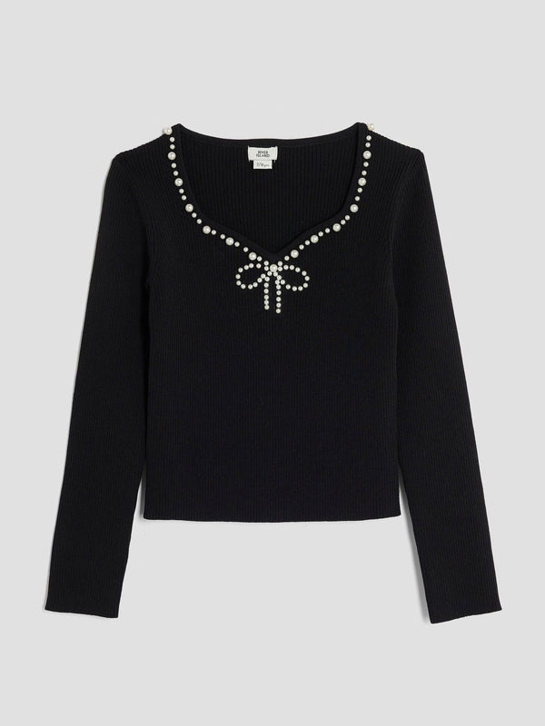 River Island Black Girls Pearl Sweetheart Top