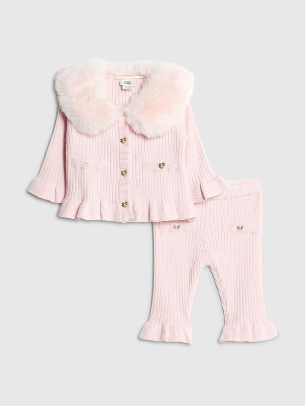 River Island Pink Baby Girls Fur Collared Cardigan Set