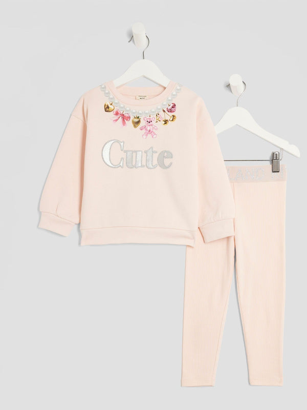 River Island Pink Younger Girls Cute Necklace Sweat and Legging Set