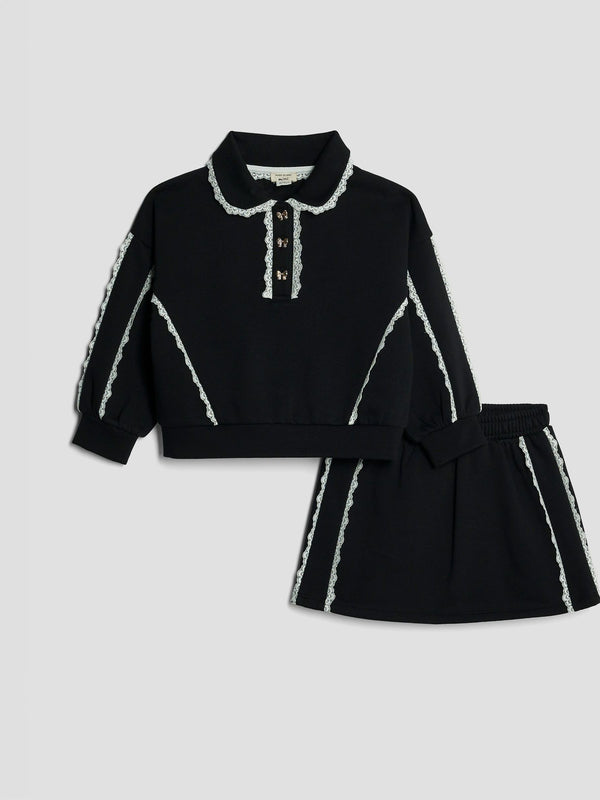 River Island Black Younger Girls Lace Collar Sweatshirt and Skirt Set