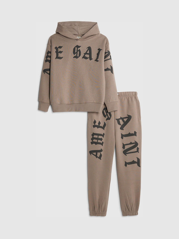 River Island Brown Boys Ame Saint Printed Hoodie & Joggers Set