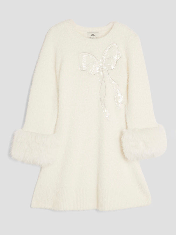 River Island Cream Girls Fur Cuff Knitted Bow Dress