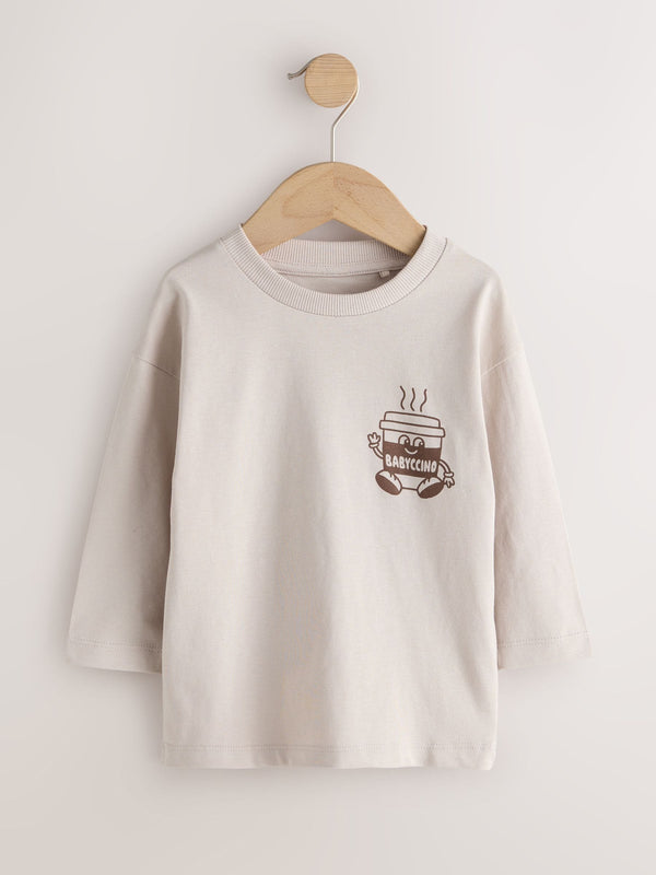 Stone Neutral Babyccino Long Sleeve Back Print T-Shirt (3mths-8yrs)