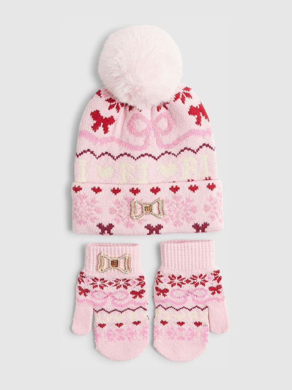 River Island Pink Fairisle Pattern Beanie & Gloves Bundle Set