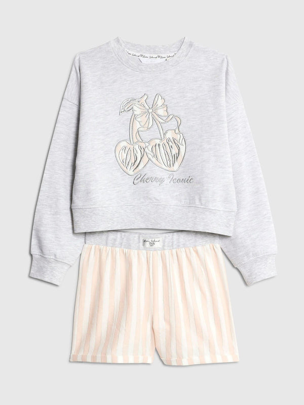 River Island Grey Cherry Sweat & Stripe Short Pyjamas Set