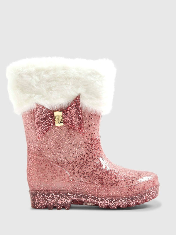 River Island Boots Glitter Fur Cuff Bow Wellies