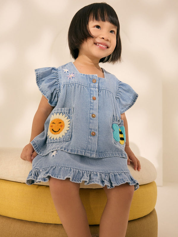 Blue Denim 100% Cotton Blouse And Skirt Co-ord Set(immediate)