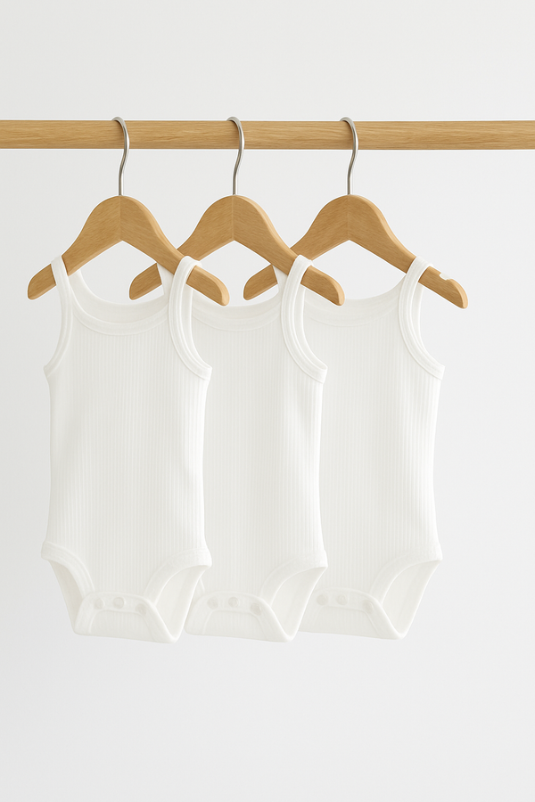 White 3 Pack Baby Strappy Bodysuits immediate