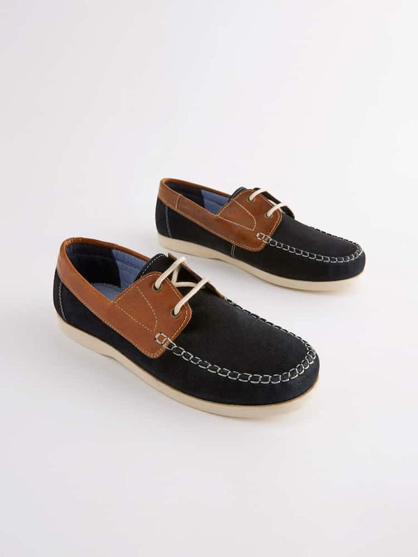 Tan Brown/Navy Blue Leather Boat Shoes immediate