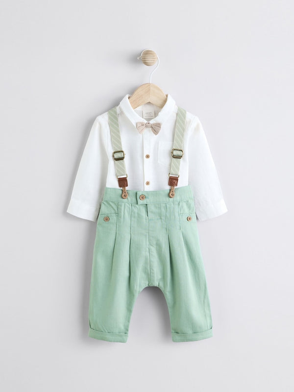 Sage Green Baby 100% Cotton Shirt Trousers and Braces Set 4 Piece immediate