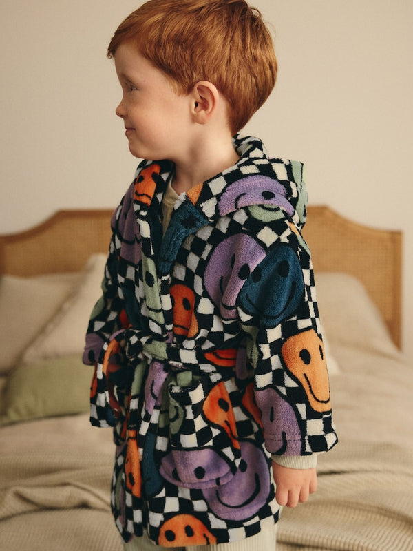 Multi Checkerboard Smile Faces Fleece dressing gown (immediate)