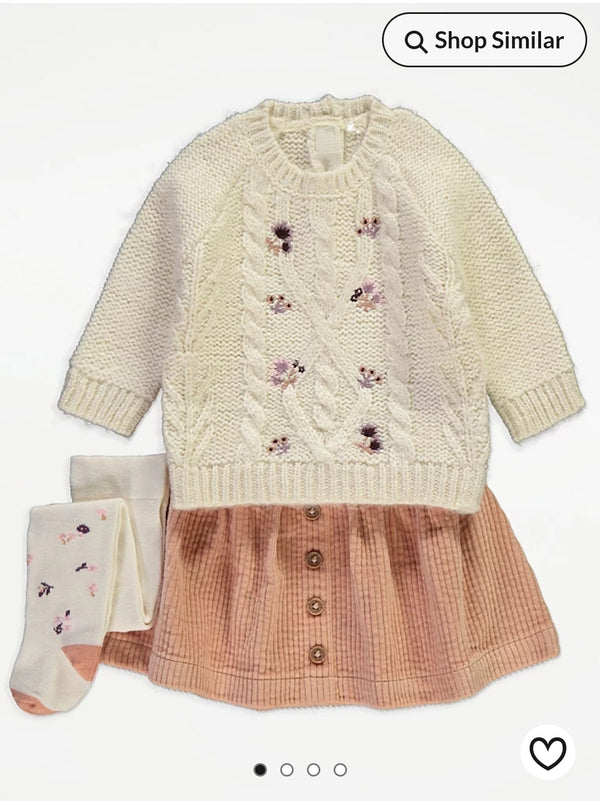 George Floral Knitted Jumper Corduroy Skirt and Tights Outfit